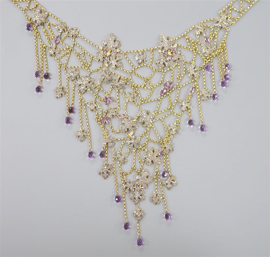 A 20th century yellow metal, amethyst and diamond chip set drop fringe necklace,